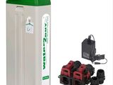 a picture of a green and white trash can with a charger