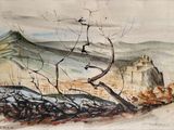 dessin représentant un tableau d'un arbre avec un château en arrière-plan