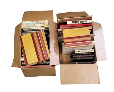 de nombreux livres dans une boîte en carton posée sur une surface blanche