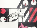 tableau représentant une femme vêtue d'une robe noire et blanche à rayures rouges et noires