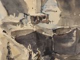 a watercolor painting of people walking on a bridge