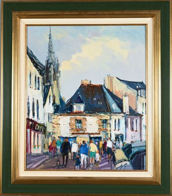an oil painting of a group of people walking down a street