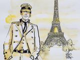 tableau représentant un homme en uniforme militaire debout devant la tour Eiffel
