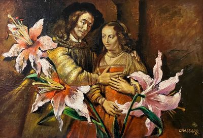 a painting of a man and a woman holding flowers