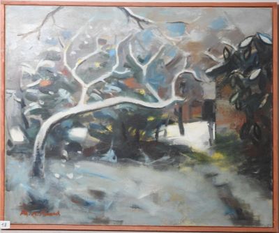 une peinture à l'huile représentant un paysage enneigé avec une église en arrière-plan