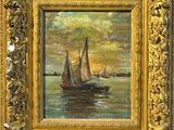une peinture à l'huile représentant un voilier sur l'eau, avec d'autres bateaux en arrière-plan