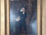 an old painting of a man in a top hat holding a book