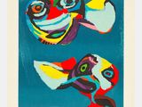 une peinture représentant deux poissons colorés sur fond bleu