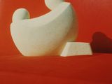a white sculpture on a red surface with a red background