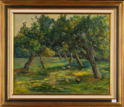 une image représentant un tableau montrant des arbres dans un champ avec un chien
