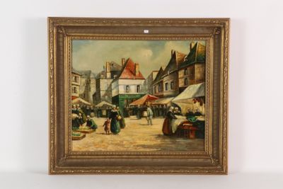 une peinture à l'huile représentant une scène de marché avec des gens qui se promènent