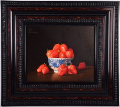painting of a bowl of strawberries on a table in front of a black background