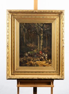 une peinture à l'huile représentant un tableau où l'on voit un groupe de personnes dans une forêt