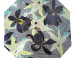 a picture of a blue and yellow plate with birds on it