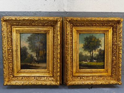 paire de peintures à l'huile françaises du XIXe siècle représentant une scène champêtre