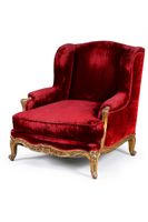 Large bergère de coin de feu à oreilles en bois doré et scul…