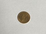 a close up of a gold coin on a white surface
