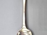 silver spoon with a spoon handle on a gray surface
