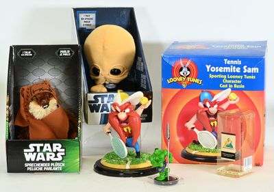 a box of toys and a toy figure on a table