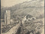 an old drawing of a village on a hill with a mountain in the background
