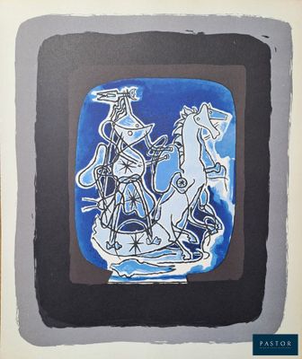 une image représentant un tableau où l'on voit un homme à cheval sur un fond bleu