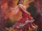 an oil painting of a woman in a red dress with a fan