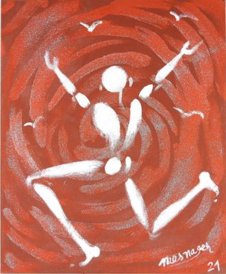 a red and white painting of a skeleton in a spiral vortex