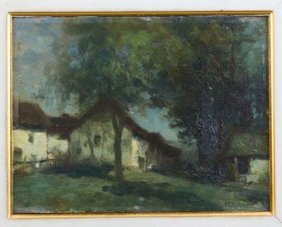 une image représentant une peinture d'une maison et d'un arbre dans un champ