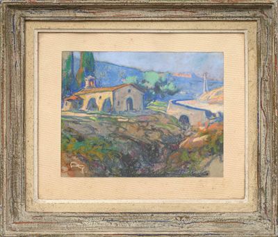 an image of a painting of a house on a hill by a river