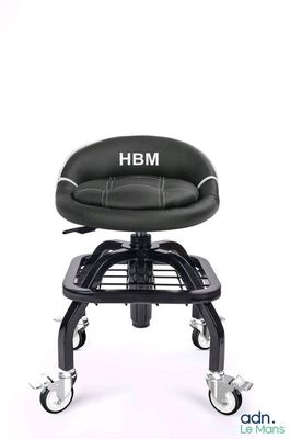 the back of a black chair with a black seat and wheels