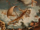 an image of a painting of a boat with angels flying over it