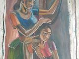 a painting of a woman combing another woman ' s hair