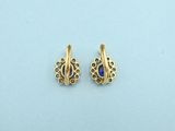 a pair of gold earrings with blue stones on them