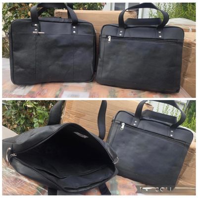 two different views of a black leather briefcase and a laptop bag