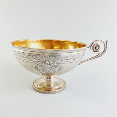 silver plated footed bowl with ornate design and handles