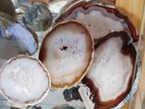 a glass display case with several different types of rocks on it