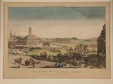 painting of a view of a city with a clock tower in the background