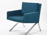 a blue chair that is sitting on a metal frame