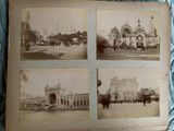 four old black and white photos of a city street with horses and carriages