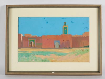 peinture représentant un vieux bâtiment avec une tour horloge sur fond de ciel bleu