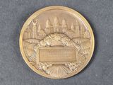 a close up of a gold medal with a castle in the background