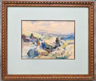une image représentant un tableau représentant un paysage avec des rochers au premier plan
