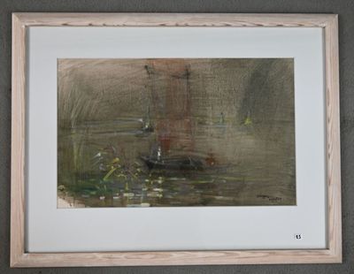 "Paysage de rivière", Dessin au pastel, signature et date en…