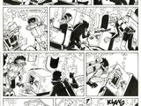 une page de bande dessinée comportant une illustration en noir et blanc représentant un homme tenant une épée