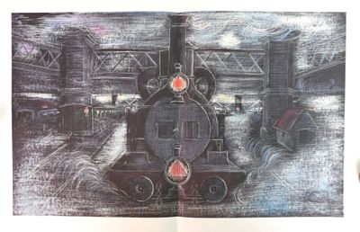un dessin représentant un train sur les voies dans une gare