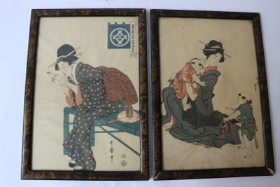 deux tableaux asiatiques encadrés représentant une femme et un chat