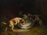 painting of two dogs drinking water from a bowl in a barn
