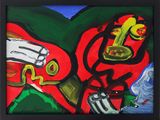abstract painting of a man playing a trumpet and a woman playing a guitar