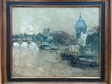 an oil painting of a cityscape with a boat in the foreground
