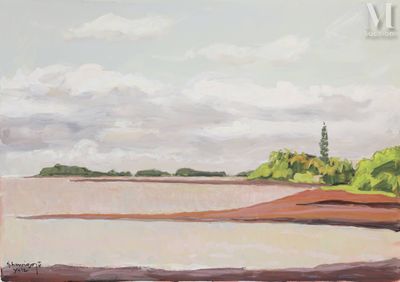 a painting of a landscape with a body of water